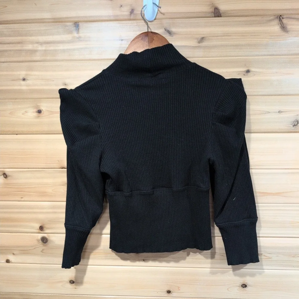 Free People Black Ribbed Mock Neck Puff Sleeve Top OB1110527 Size M